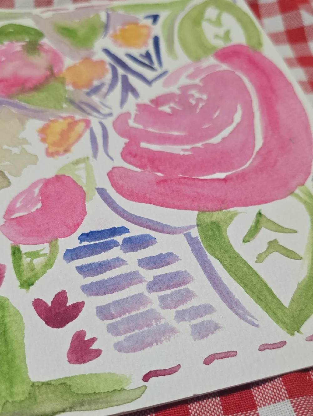 Hand-Painted Floral Watercolor Artwork - Pink & Green Roses CARD